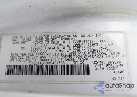 2003 Toyota Tundra Ltd V8 from USA, damaged, VIN 5TBBT48193S421536